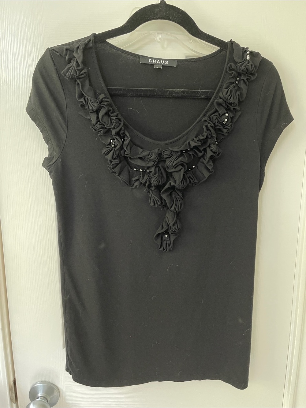 Chaus Black Short-Sleeve Scoop Neck Tee with Ruffle Trim